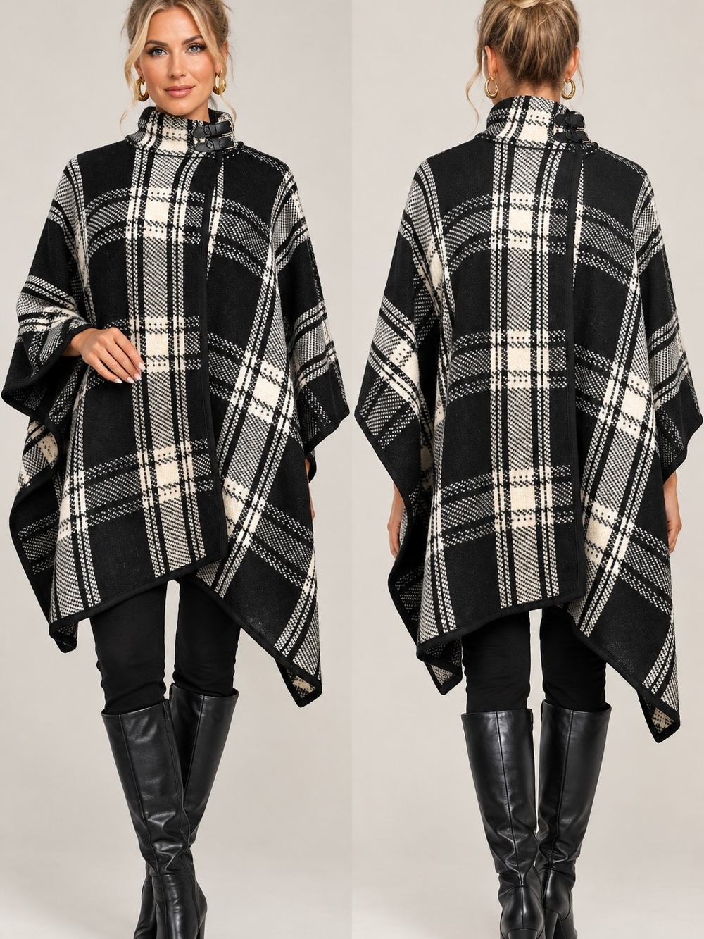 Lauren Ralph Lauren Black and Cream Plaid Funnel-Neck Poncho